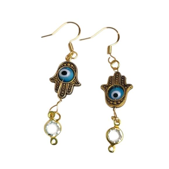 14k Gold Plated Hamsa Hand Blue Eye Drop Dangle Earrings Clear Faceted Beads - Picture 2 of 3